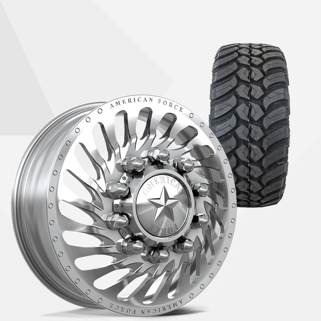 American Force Riptide Polished 24x8.25 Wheels & AMP Tires Terrain Attack M/T 35x13.50R24 Tires - 24" Dually Package