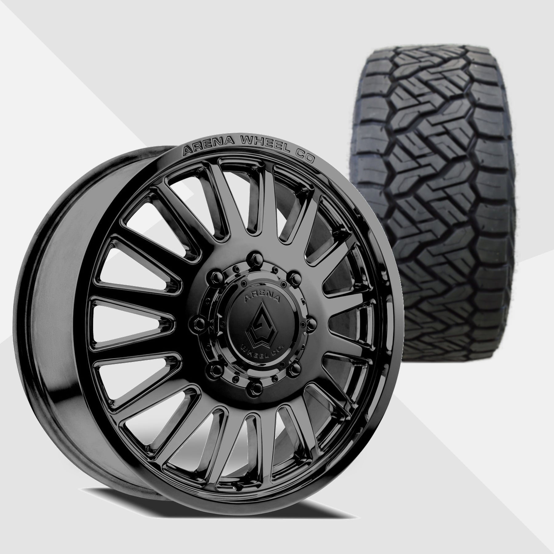 Arena Rival Gloss Black 24x8.25 Wheels & Nitto Tires Recon Grappler A/T 315/50R24 Tires - 24" Dually Package