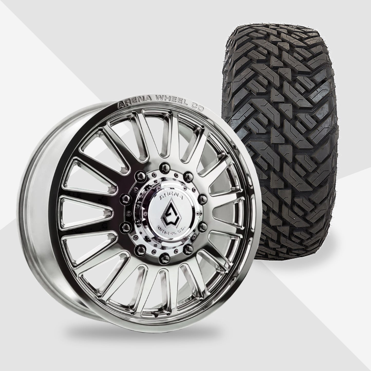 Arena Rival Milled And Polished 20x8.25 Fuel Tires Gripper M/T 35x12.50R20 20" Dually Package