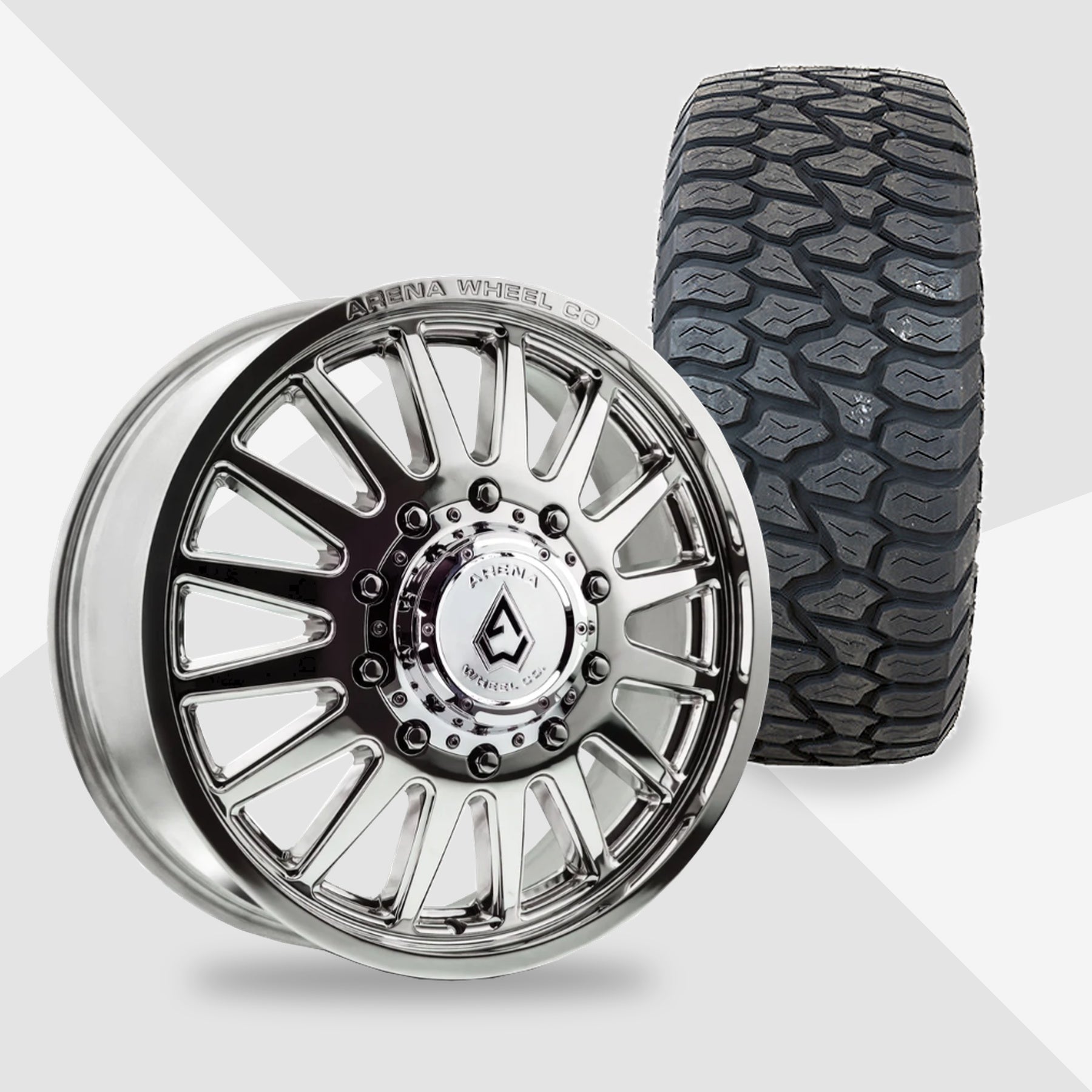 Arena Rival Milled And Polished 20x8.25 AMP Tires Terrain Attack A/T 35x12.50R20 20" Dually Package