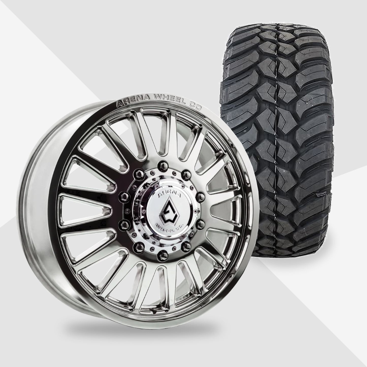 Arena Rival Milled And Polished 20x8.25 AMP Tires Terrain Attack M/T 35x12.50R20 20" Dually Package