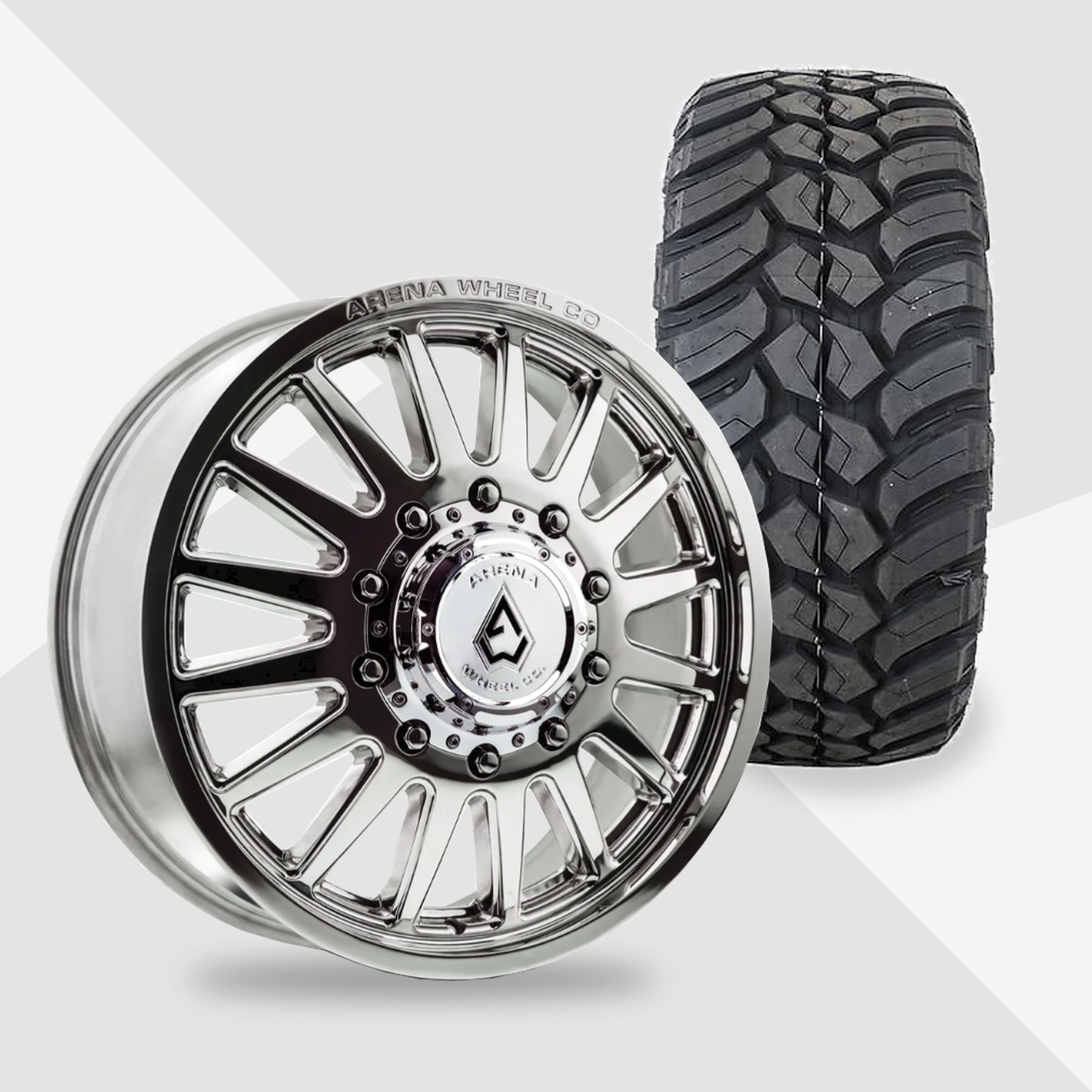 Arena Rival Milled And Polished 20x8.25 AMP Tires Terrain Attack M/T 35x12.50R20 20" Dually Package