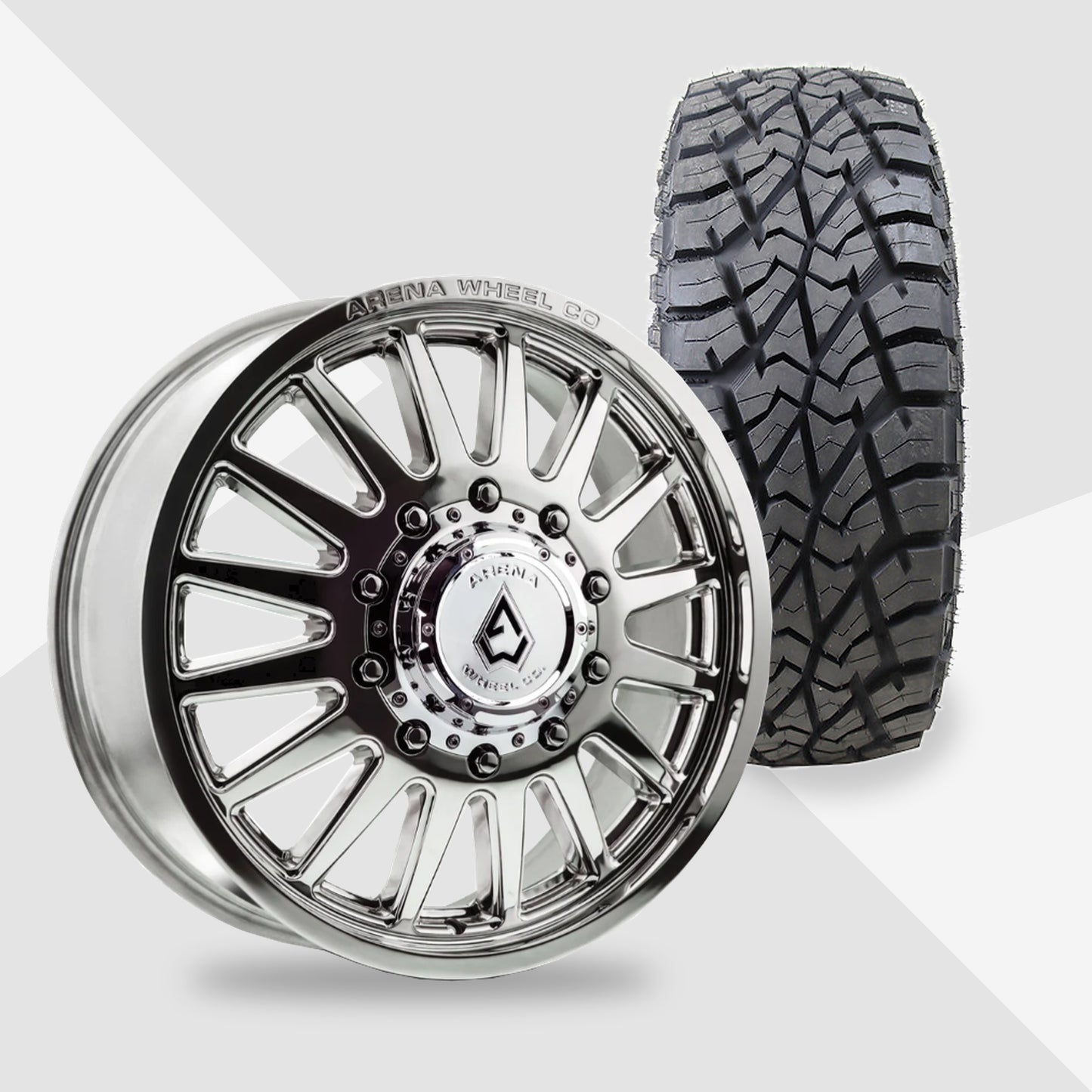 Arena Rival Milled And Polished 20x8.25 AMP Tires Terrain Attack R/T 35x12.50R20 20" Dually Package
