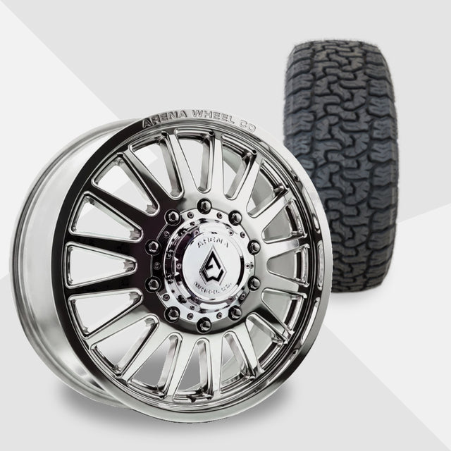 Arena Rival Milled And Polished 20x8.25 AMP Tires Terrain Pro A/T 35x12.50R20 20" Dually Package