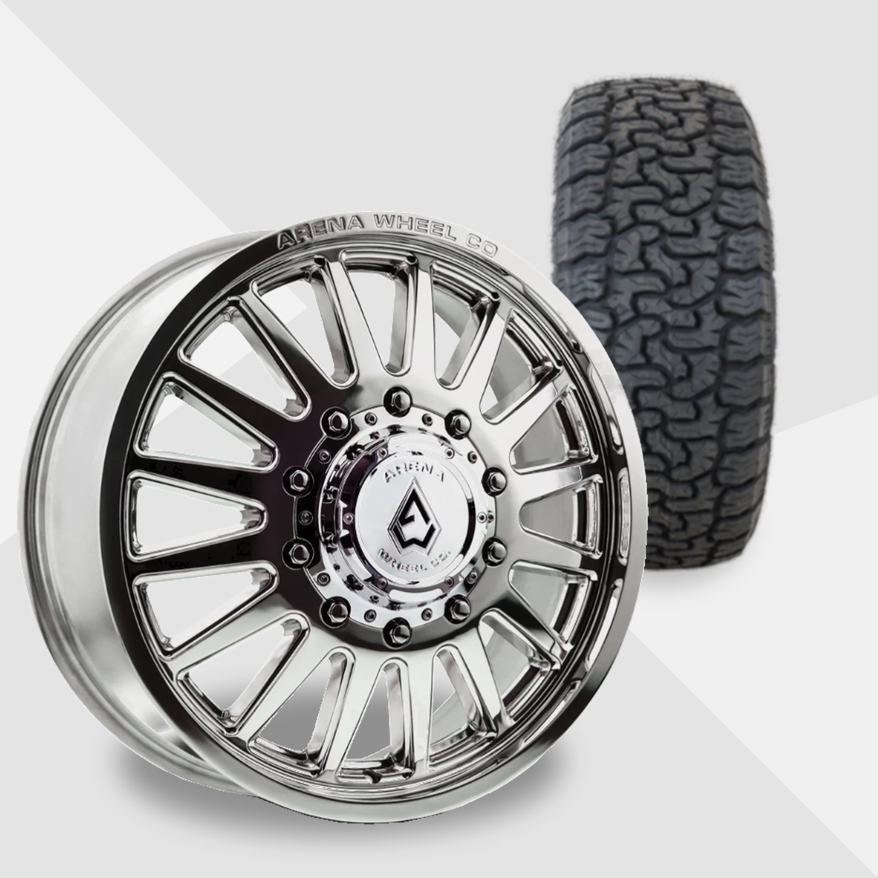 Arena Rival Milled And Polished 20x8.25 AMP Tires Terrain Pro A/T 35x12.50R20 20" Dually Package