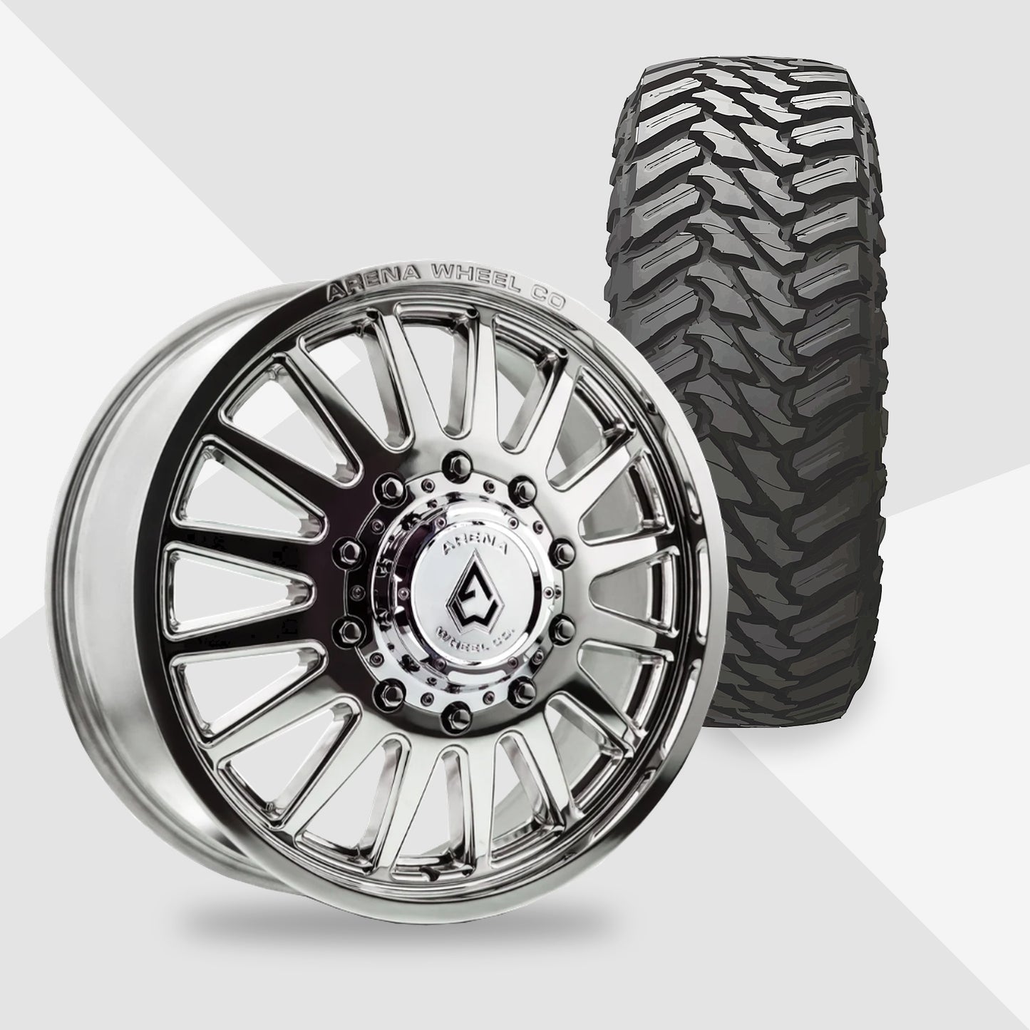 Arena Rival Milled And Polished 20x8.25 Atturo Tires Trail Blade M/T 35x12.50R20 20" Dually Package