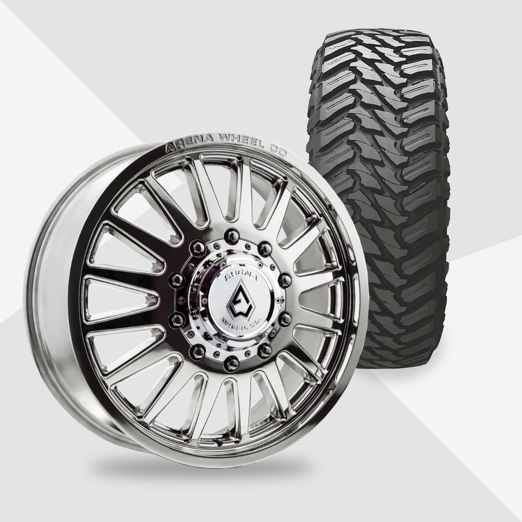 Arena Rival Milled And Polished 20x8.25 Atturo Tires Trail Blade M/T 35x12.50R20 20" Dually Package