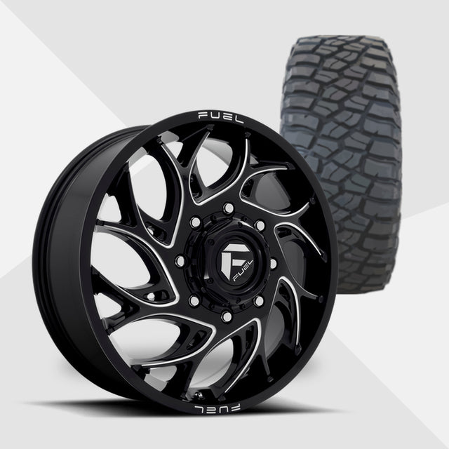 Fuel Offroad Runner Dually Gloss Black Milled 20x8.25 Wheels & BF Goodrich Tires Mud Terrain T/A KM3 295/60R20 Tires - 20" Dually Package