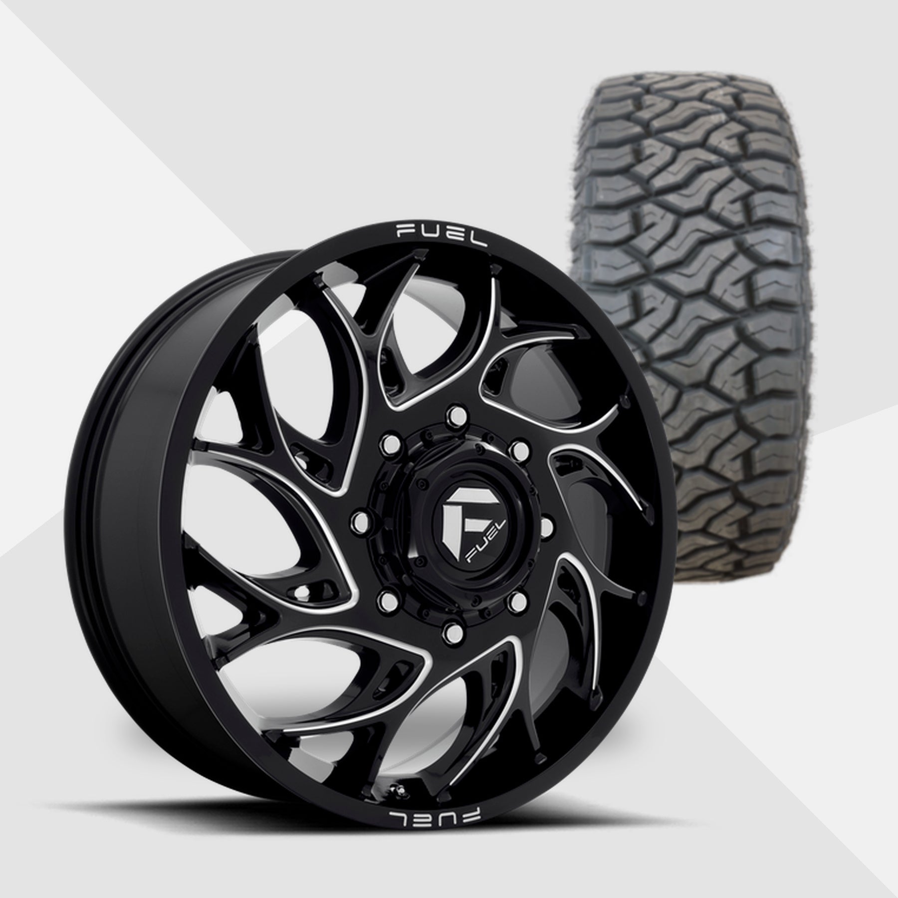 Fuel Offroad Runner Dually Gloss Black Milled 20x8.25 Wheels & Venom Power Tires Terra Hunter R/T 275/55R20 Tires - 20" Dually Package