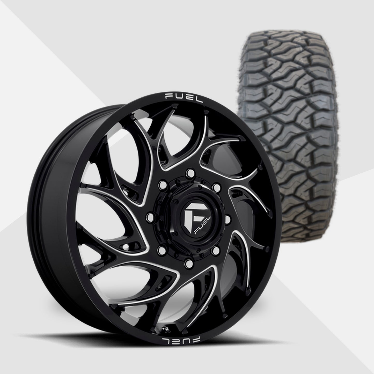 Fuel Offroad Runner Dually Gloss Black Milled 20x8.25 Wheels & Venom Power Tires Terra Hunter R/T 275/55R20 Tires - 20" Dually Package