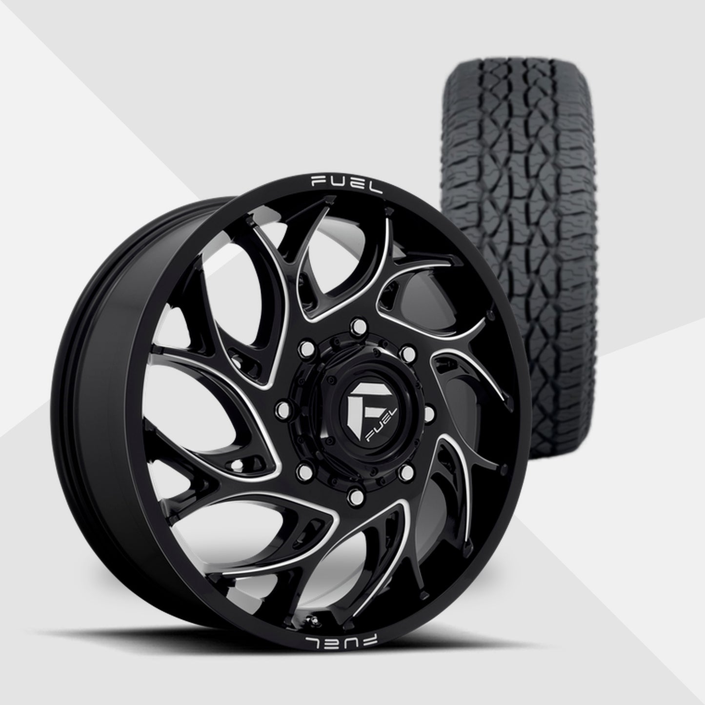 Fuel Offroad Runner Dually Gloss Black Milled 20x8.25 Wheels & Atturo Tires Trail Blade ATS 285/60R20 Tires - 20" Dually Package