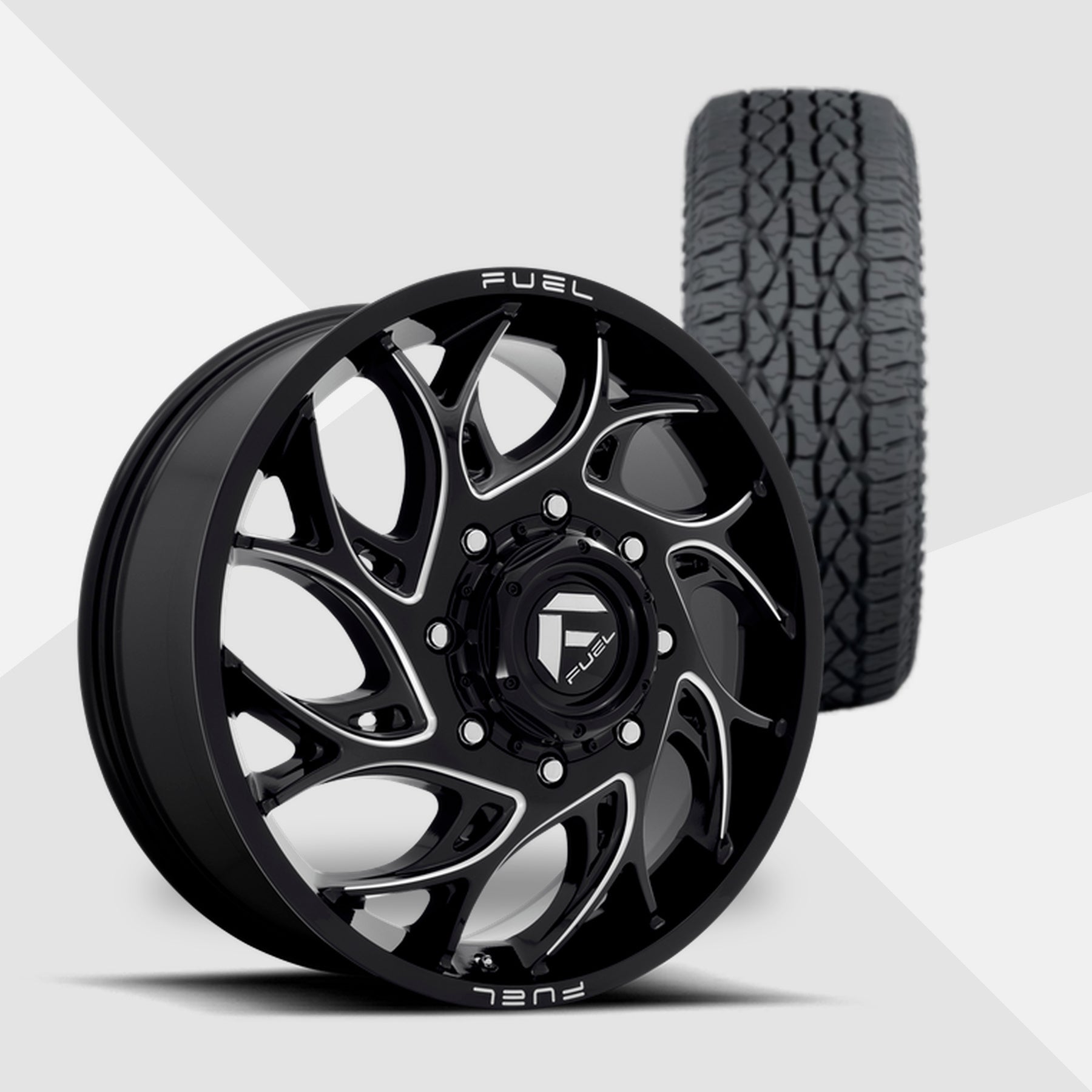 Fuel Offroad Runner Dually Gloss Black Milled 20x8.25 Wheels & Atturo Tires Trail Blade ATS 285/60R20 Tires - 20" Dually Package