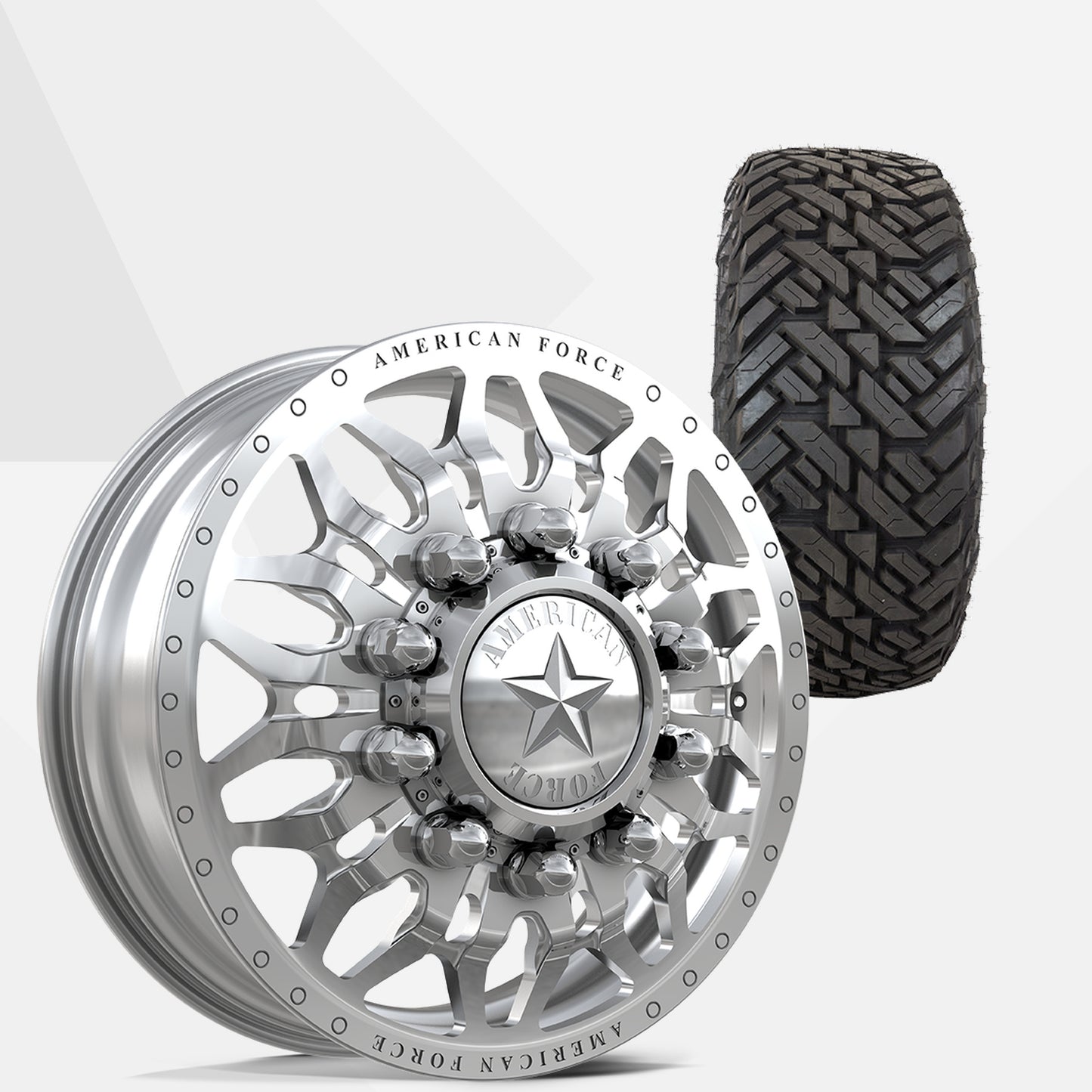 American Force Shrapnel Polished 22x8.25 Wheels & Fuel Tires Gripper M/T 33x12.50R22 Tires - 22" Dually Package