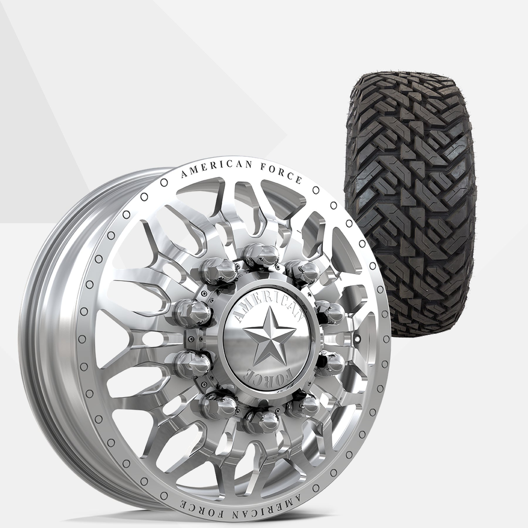 American Force Shrapnel Polished 22x8.25 Wheels & Fuel Tires Gripper M/T 33x12.50R22 Tires - 22" Dually Package