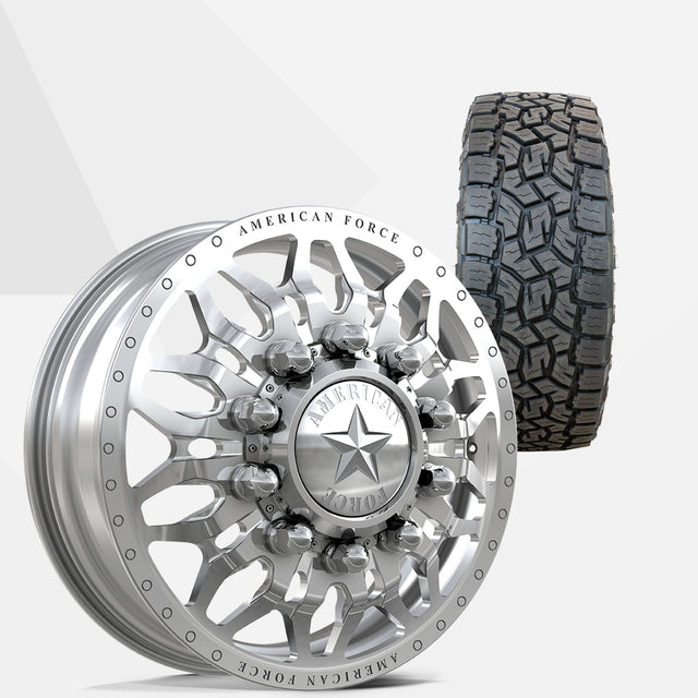 American Force Shrapnel Polished 22x8.25 Wheels & Toyo Tires Open Country A/T III 285/55R22 Tires - 22" Dually Package