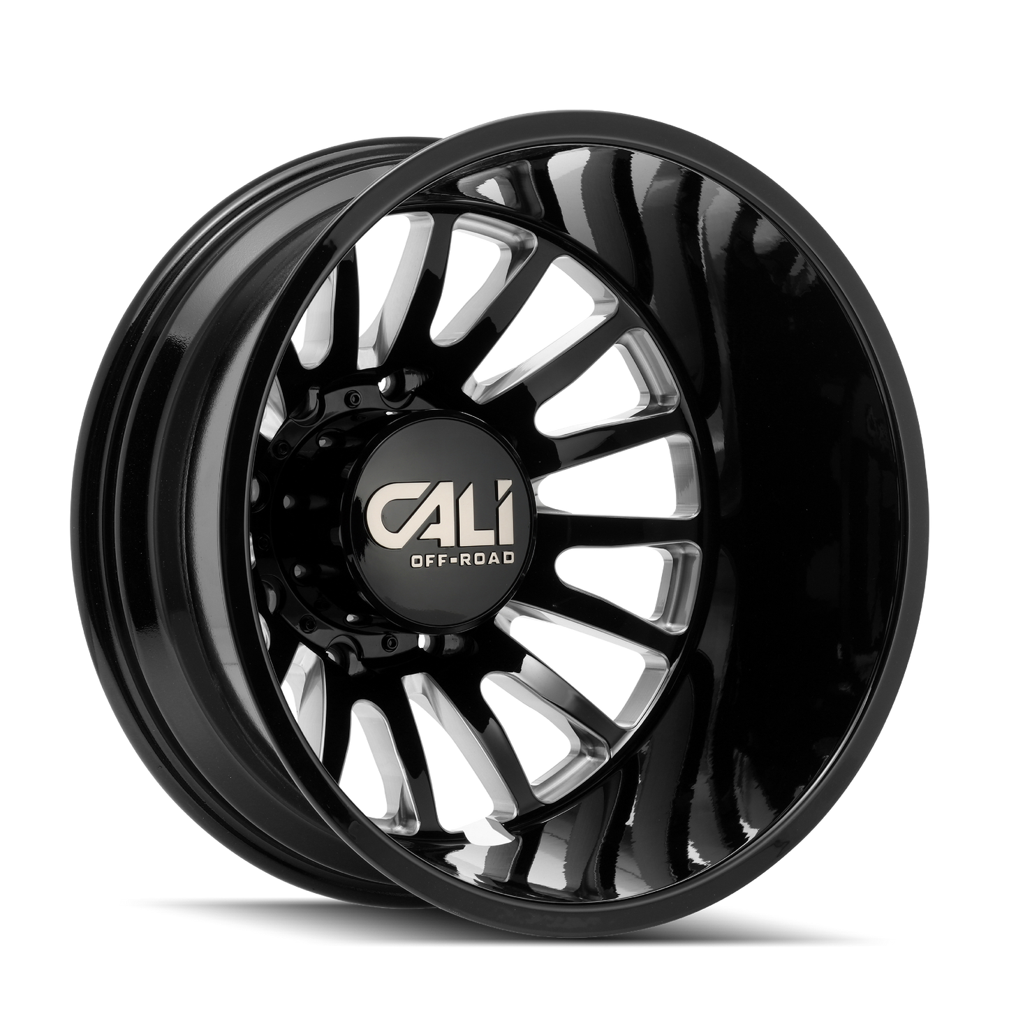 Cali Offroad Summit Dually Gloss Black with Milled Spokes 20x8.25 Wheels & AMP Tires Terrain Attack A/T 285/55R20 Tires - 20" Dually Package