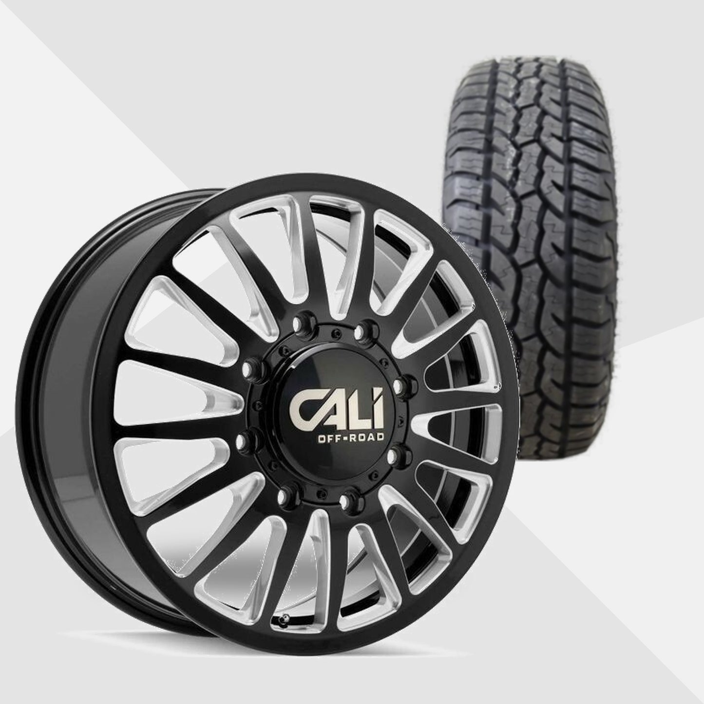 Cali Offroad Summit Dually Gloss Black with Milled Spokes 20x8.25 Wheels & Ironman Tires All Country A/T 275/55R20 Tires - 20" Dually Package