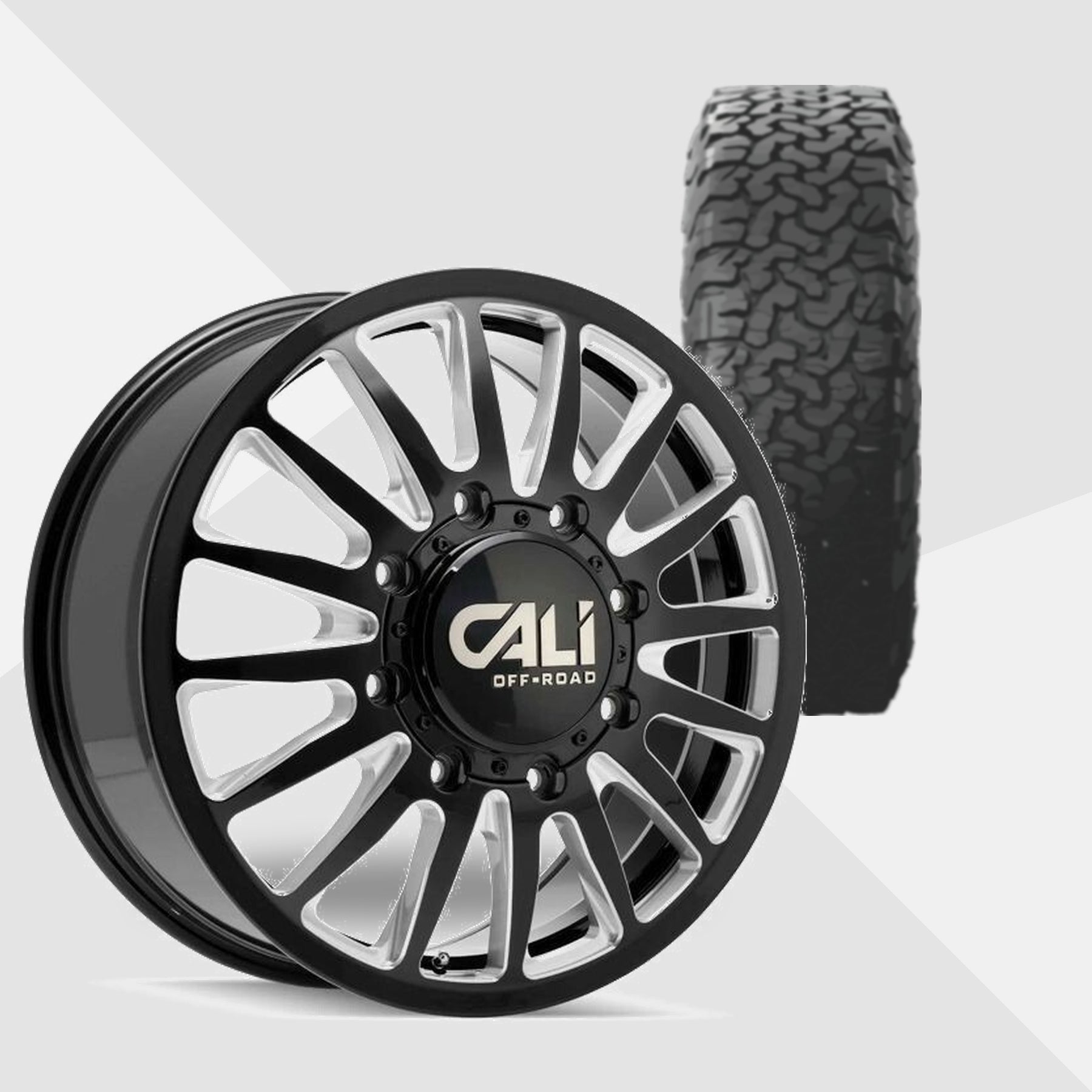 Cali Offroad Summit Dually Gloss Black with Milled Spokes 20x8.25 Wheels & BF Goodrich Tires All-Terrain T/A KO3 285/55R20 Tires - 20" Dually Package