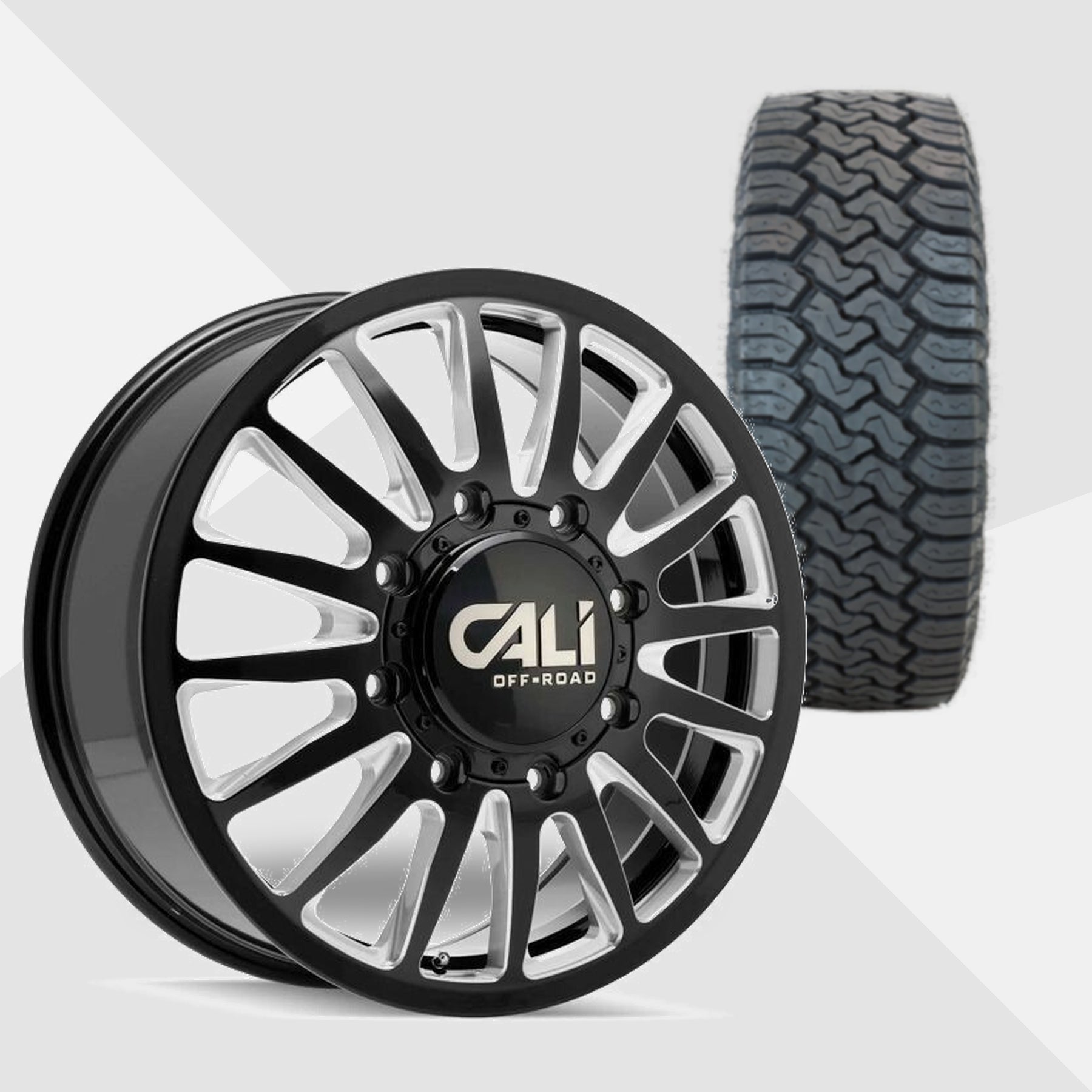 Cali Offroad Summit Dually Gloss Black with Milled Spokes 20x8.25 Wheels & Toyo Tires Open Country C/T 35x12.50R20 Tires - 20" Dually Package