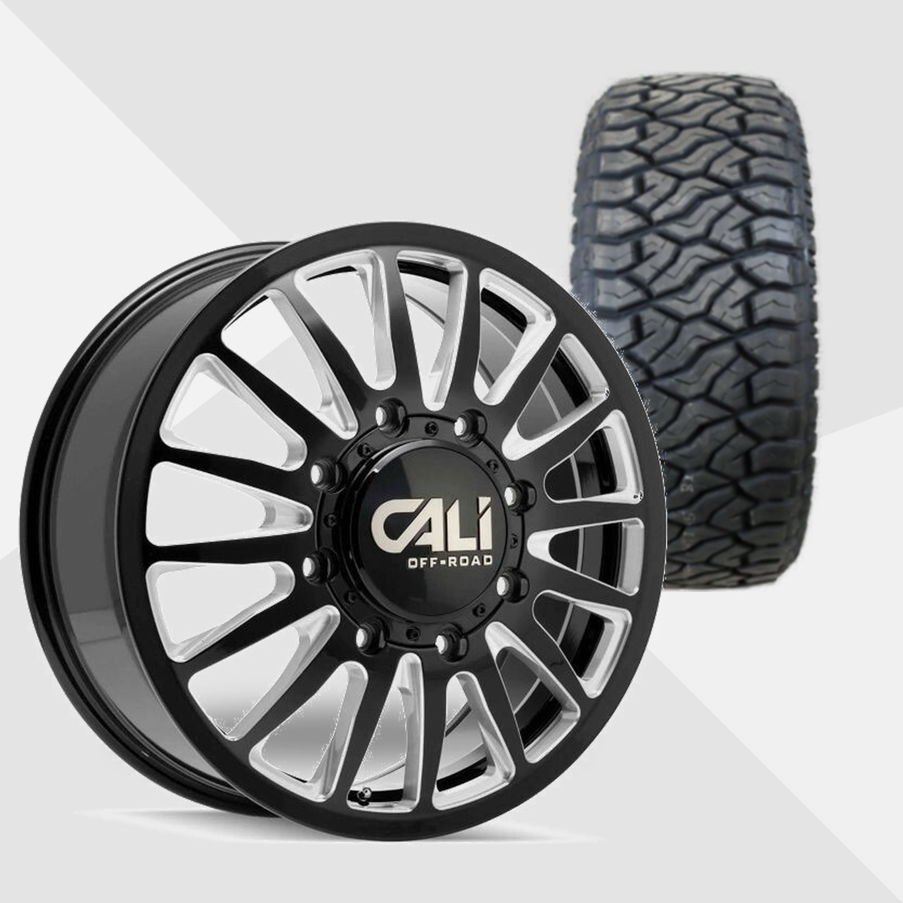 Cali Offroad Summit Dually Gloss Black with Milled Spokes 20x8.25 Wheels & Venom Power Tires Terra Hunter R/T Plus 275/65R20 Tires - 20" Dually Package