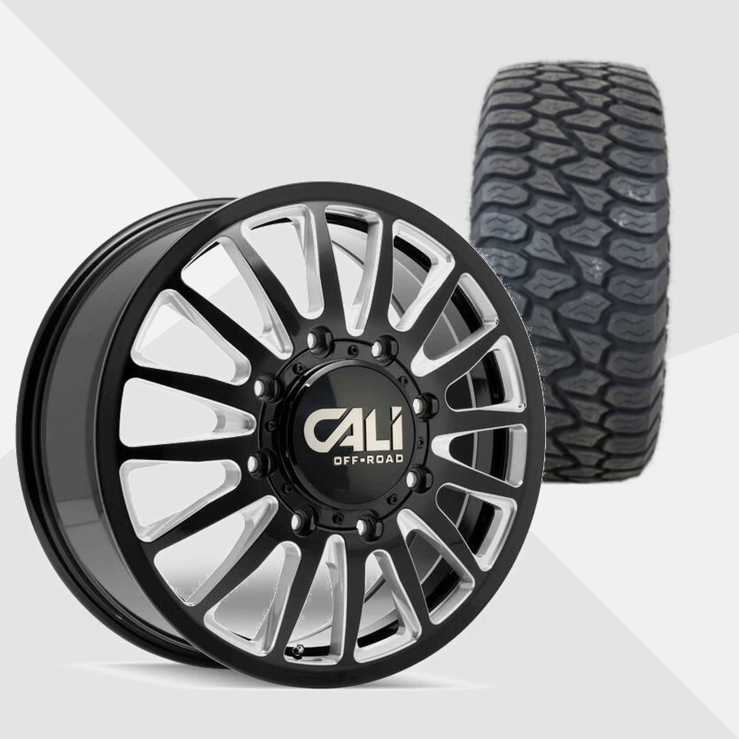 Cali Offroad Summit Dually Gloss Black with Milled Spokes 20x8.25 Wheels & AMP Tires Terrain Attack A/T 285/55R20 Tires - 20" Dually Package
