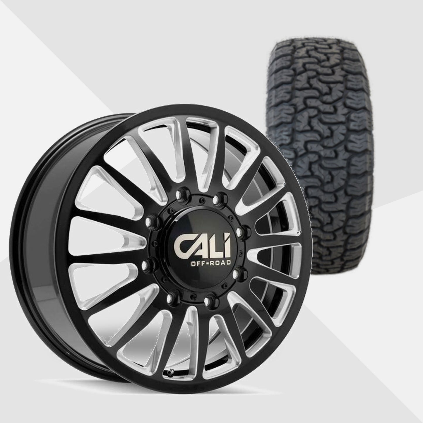 Cali Offroad Summit Dually Gloss Black with Milled Spokes 20x8.25 Wheels & AMP Tires Terrain Pro A/T 35x12.50R20 Tires - 20" Dually Package