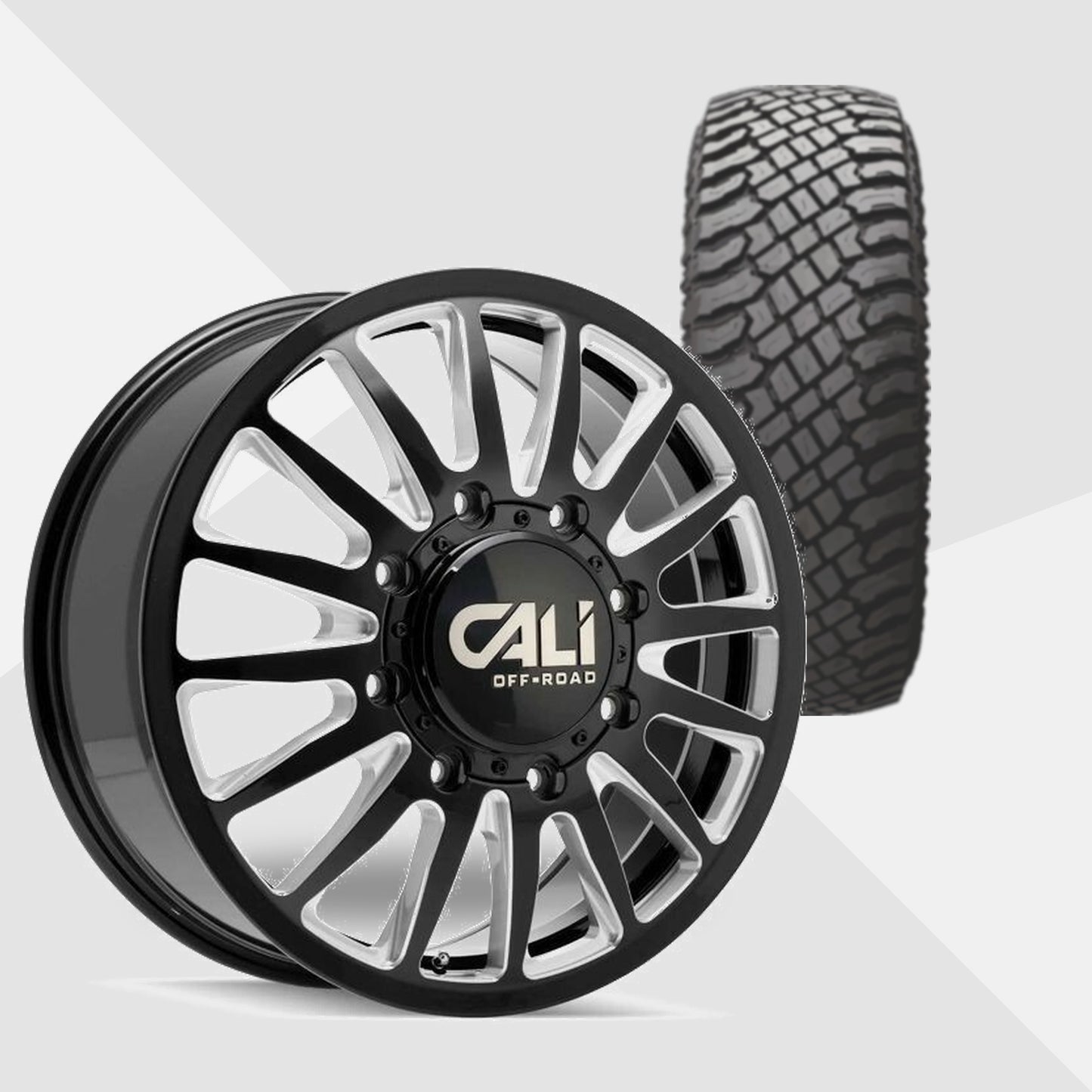 Cali Offroad Summit Dually Gloss Black with Milled Spokes 20x8.25 Wheels & Atturo Tires Trail Blade X/T 33x12.50R20 Tires - 20" Dually Package