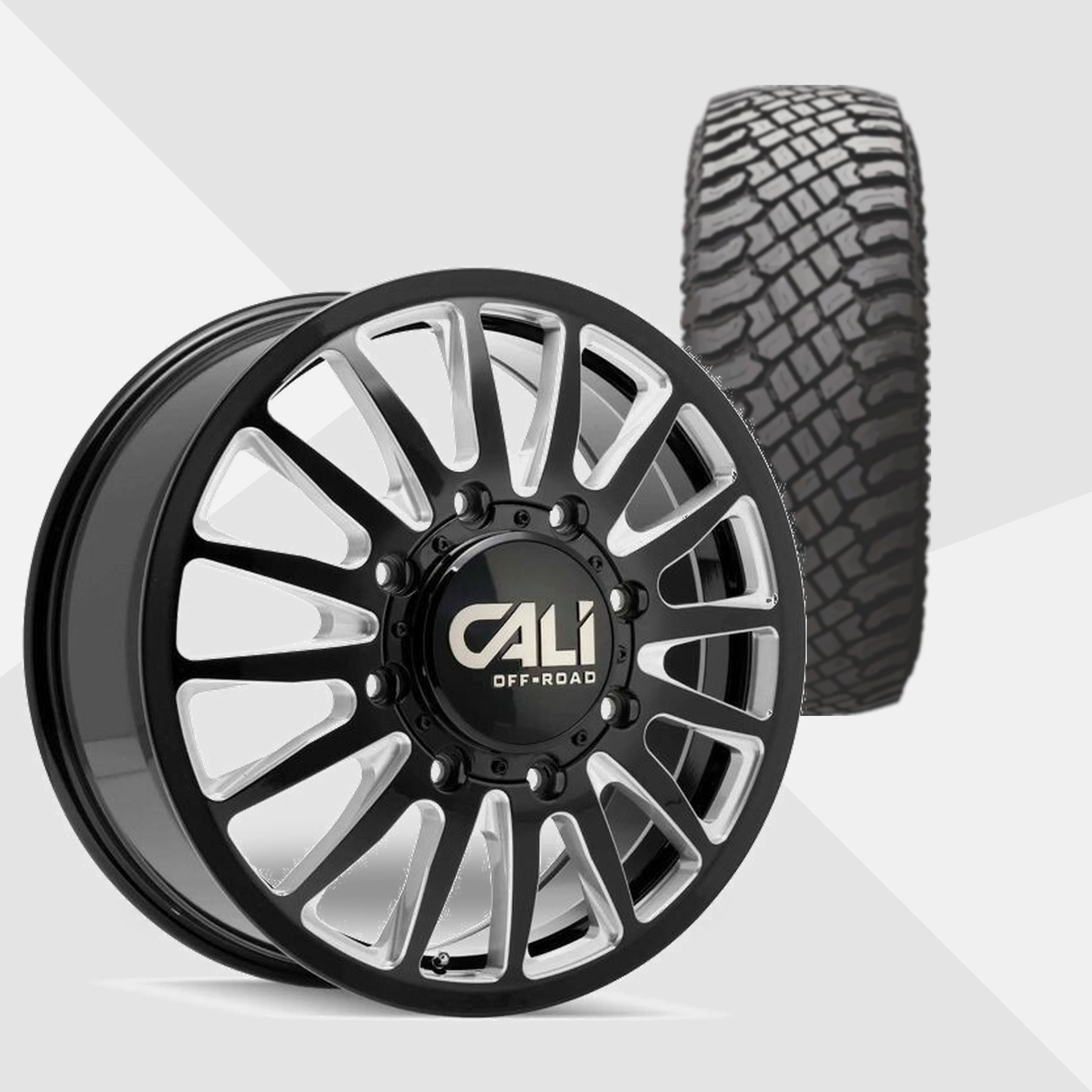 Cali Offroad Summit Dually Gloss Black with Milled Spokes 20x8.25 Wheels & Atturo Tires Trail Blade X/T 33x12.50R20 Tires - 20" Dually Package