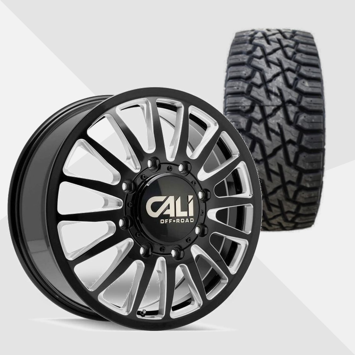 Cali Offroad Summit Dually Gloss Black with Milled Spokes 20x8.25 Wheels & Venom Power Tires Trail Hunter R/T 275/55R20 Tires - 20" Dually Package