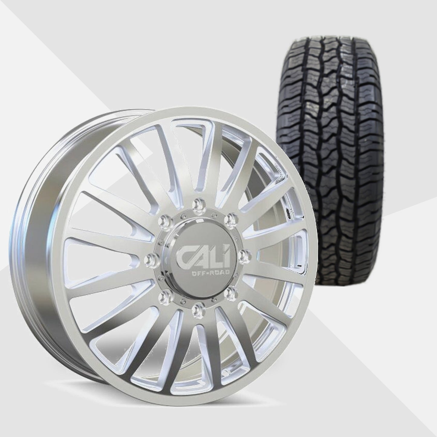 Cali Offroad Summit Dually Polished with Milled Spokes 20x8.25 Wheels & Ironman Tires All Country AT2 265/60R20 Tires - 20" Dually Package