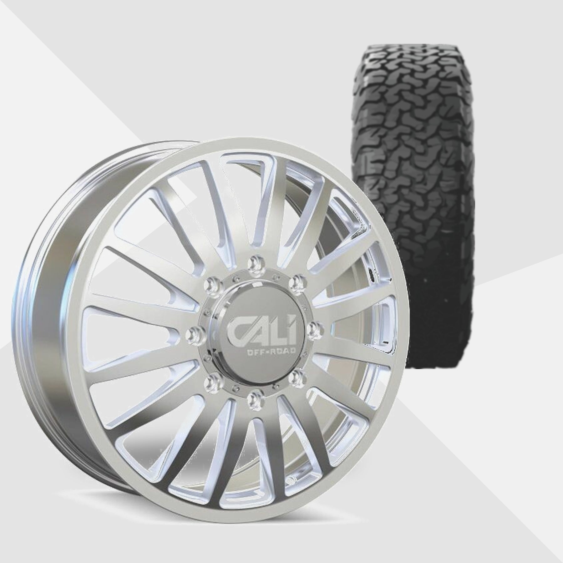 Cali Offroad Summit Dually Polished with Milled Spokes 20x8.25 Wheels & BF Goodrich Tires All-Terrain T/A KO3 285/55R20 Tires - 20" Dually Package