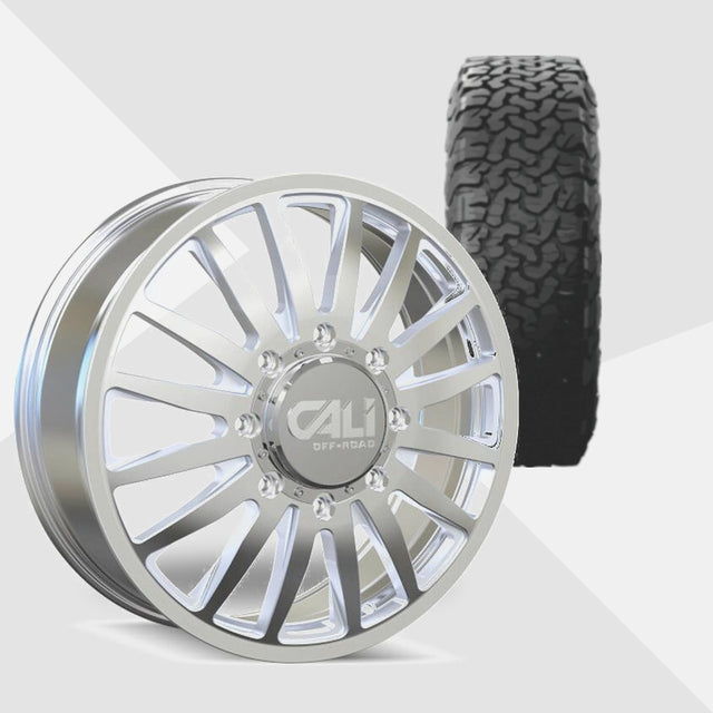 Cali Offroad Summit Dually Polished with Milled Spokes 20x8.25 Wheels & BF Goodrich Tires All-Terrain T/A KO3 285/55R20 Tires - 20" Dually Package
