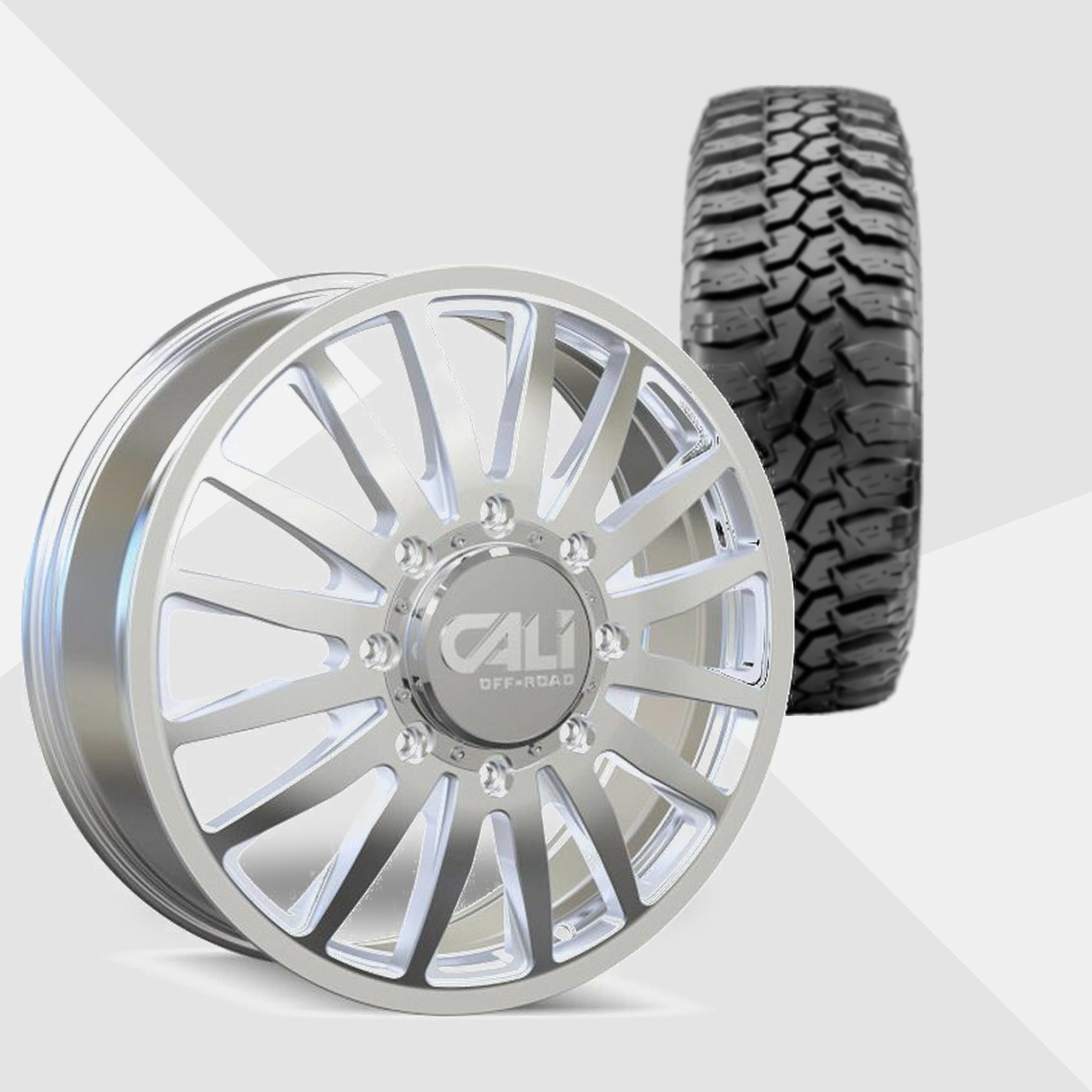 Cali Offroad Summit Dually Polished with Milled Spokes 20x8.25 Wheels & Maxxis Tires Bighorn M/T 762 275/65R20 Tires - 20" Dually Package
