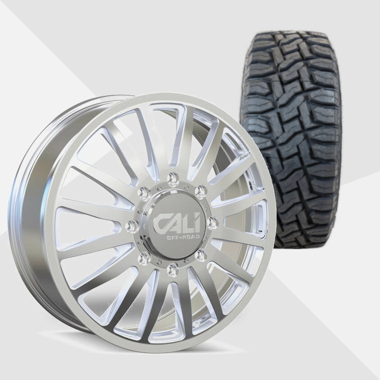 Cali Offroad Summit Dually Polished with Milled Spokes 20x8.25 Wheels & Toyo Tires Open Country R/T 35x12.50R20 Tires - 20" Dually Package