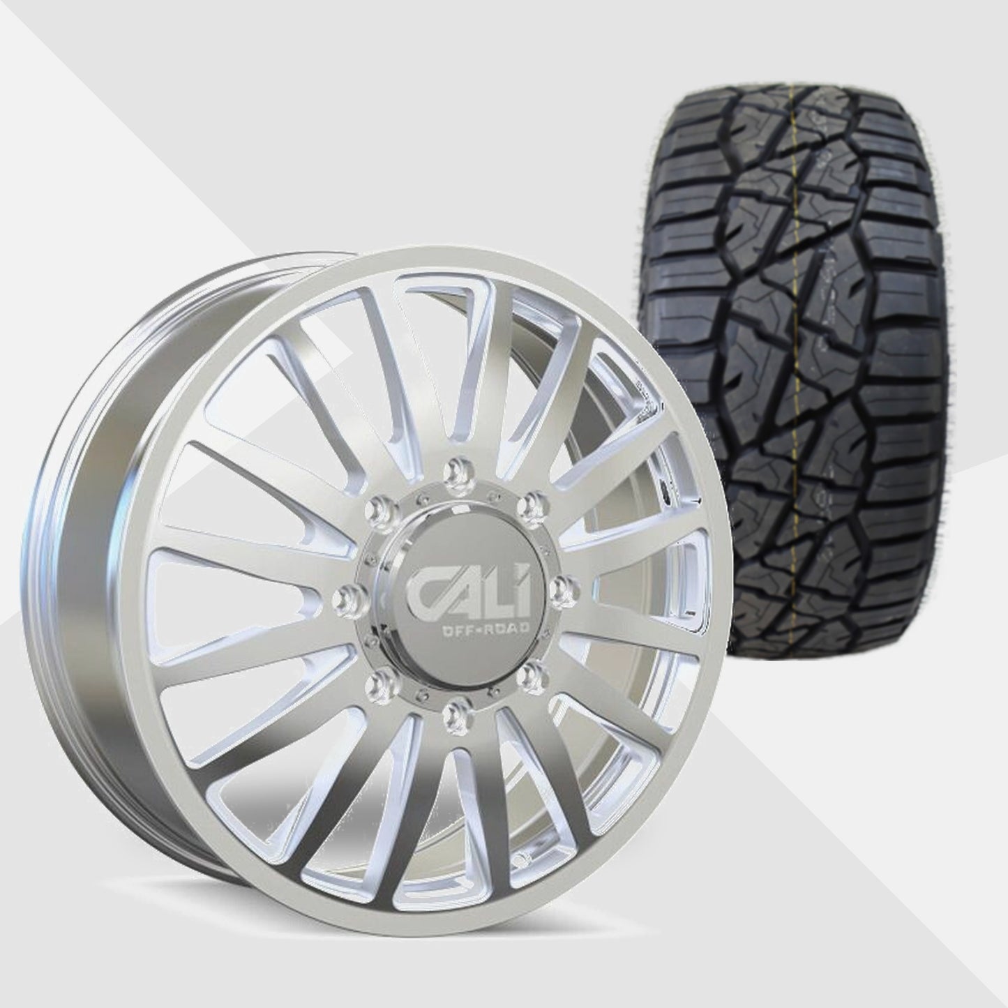 Cali Offroad Summit Dually Polished with Milled Spokes 20x8.25 Wheels & TIS Tires TIS Offroad RT1 33x12.50R20 Tires - 20" Dually Package