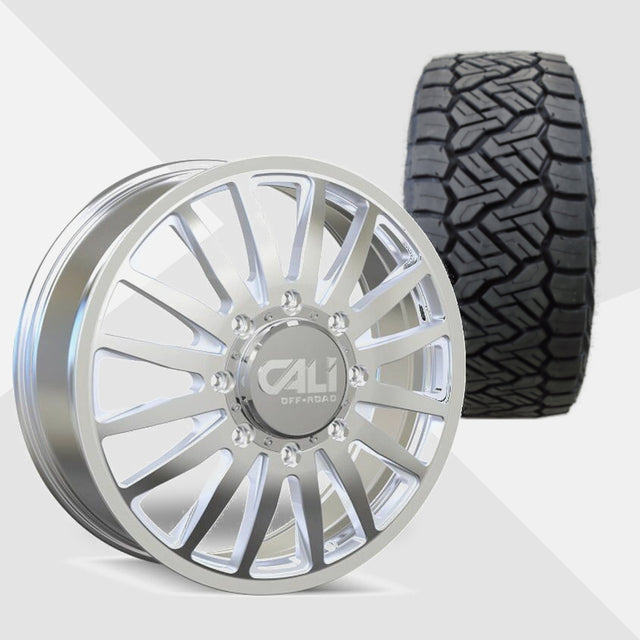 Cali Offroad Summit Dually Polished with Milled Spokes 20x8.25 Wheels & Nitto Tires Recon Grappler A/T 37x13.50R20 Tires - 20" Dually Package