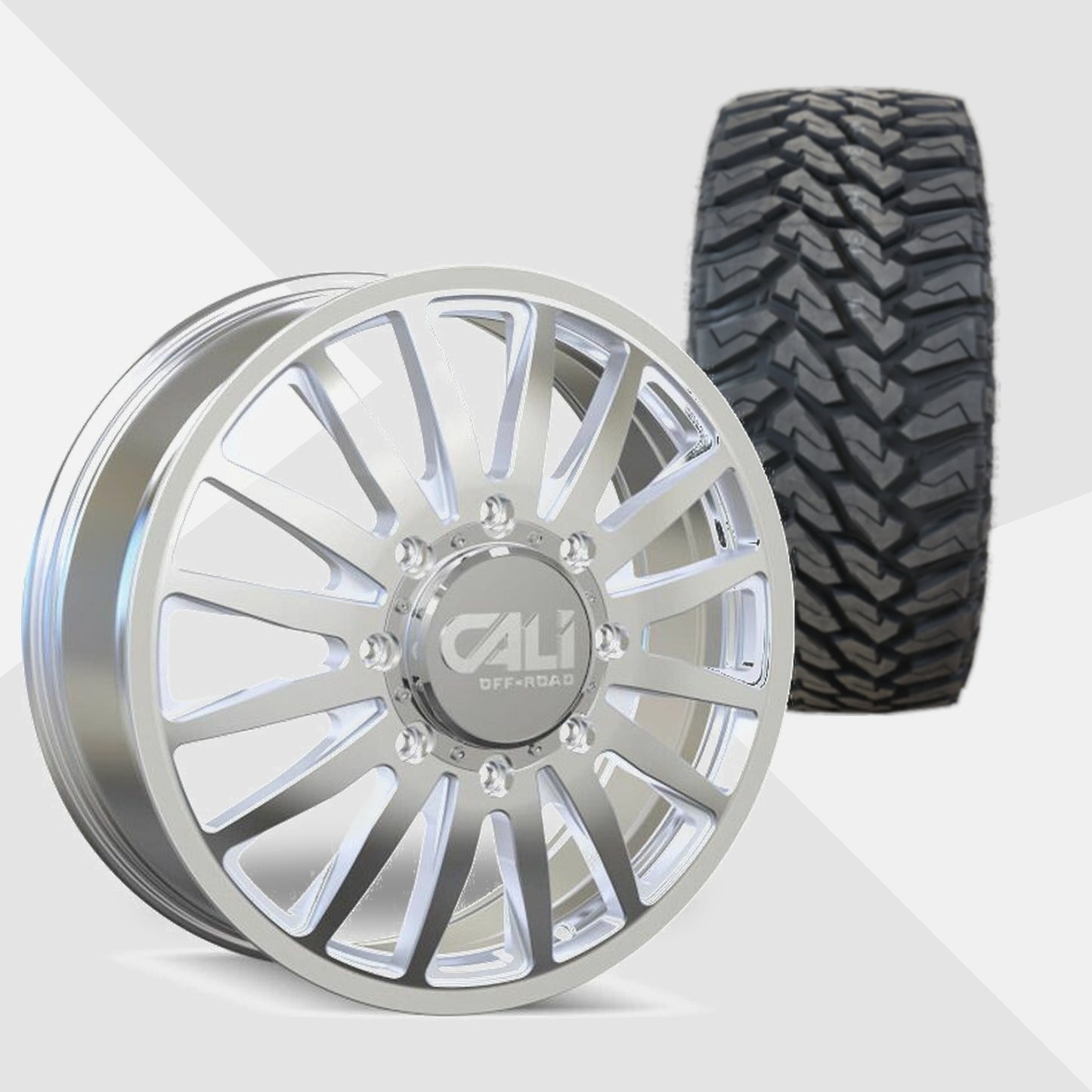Cali Offroad Summit Dually Polished with Milled Spokes 22x8.25 Wheels & Venom Power Tires Terra Hunter M/T 33x12.50R22 Tires - 22" Dually Package