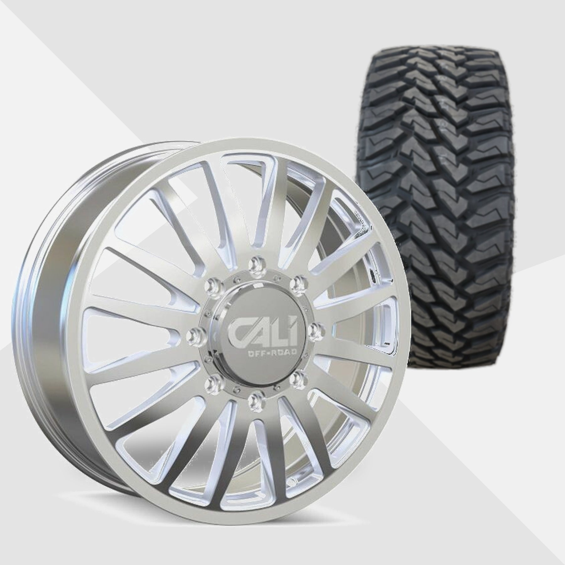 Cali Offroad Summit Dually Polished with Milled Spokes 22x8.25 Wheels & Venom Power Tires Terra Hunter M/T 33x12.50R22 Tires - 22" Dually Package