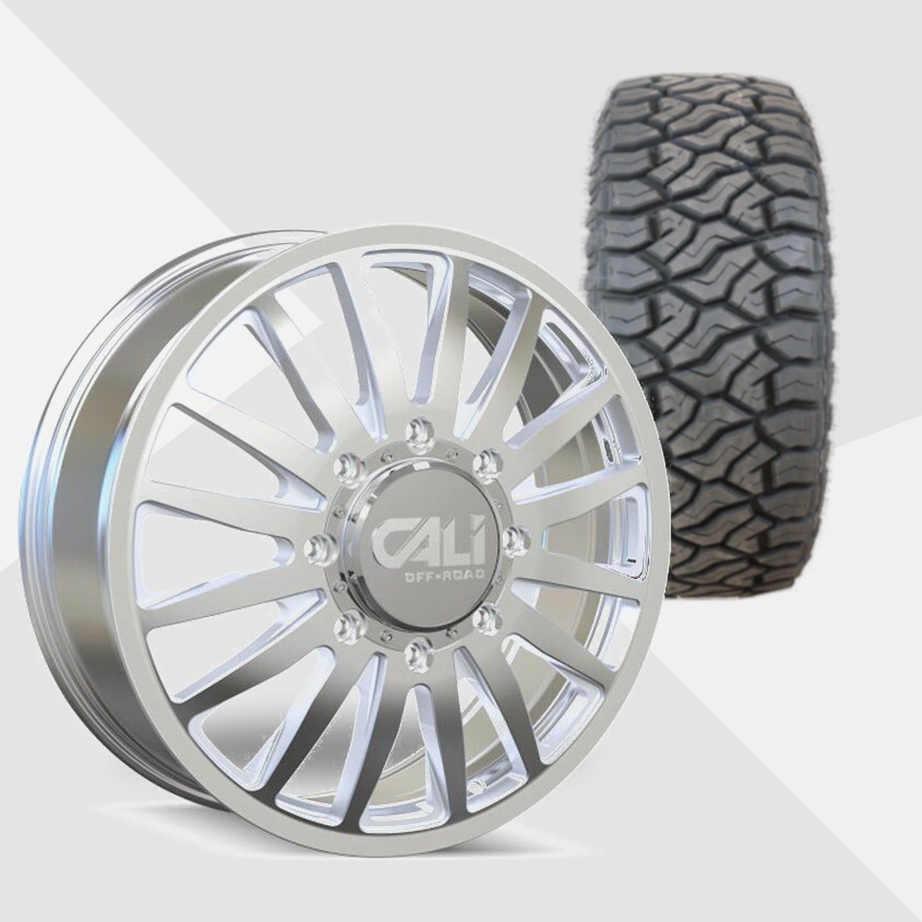 Cali Offroad Summit Dually Polished with Milled Spokes 20x8.25 Wheels & Venom Power Tires Terra Hunter R/T 33x12.50R20 Tires - 20" Dually Package