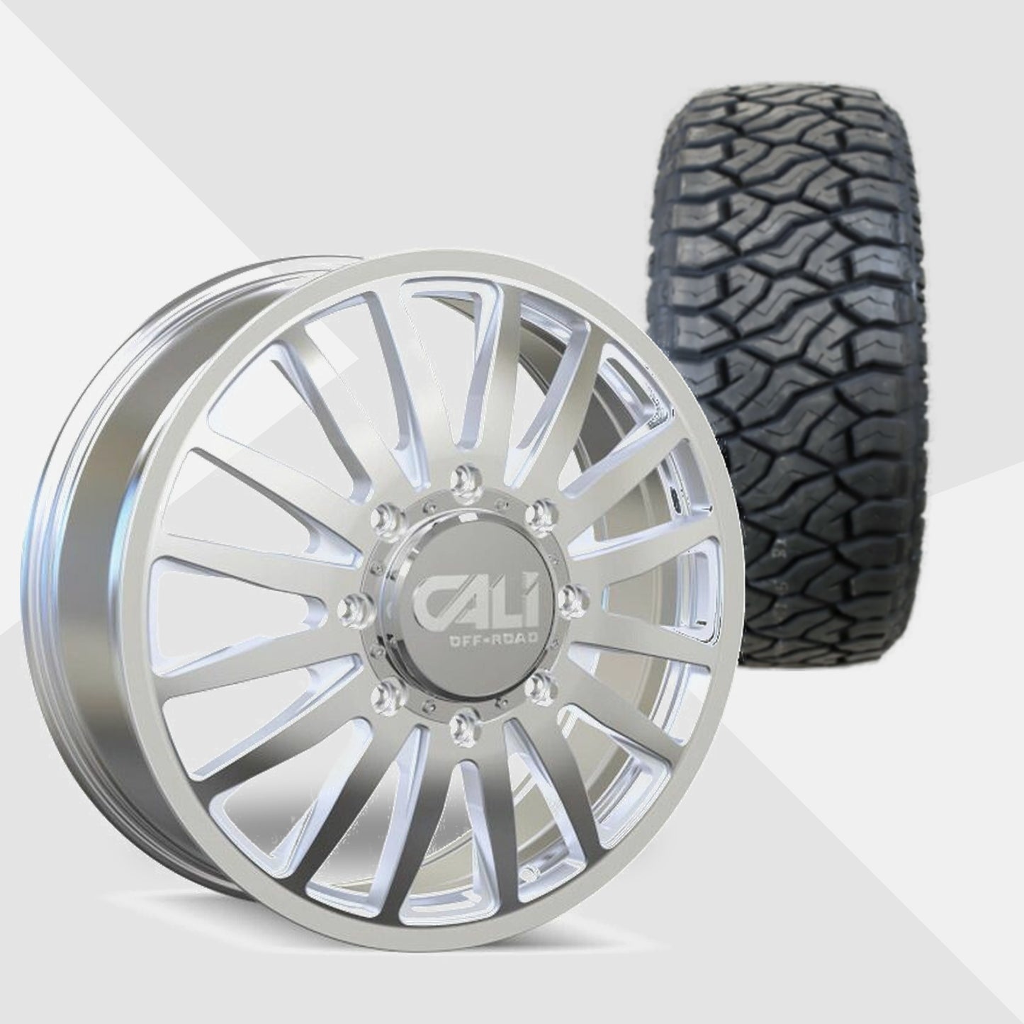 Cali Offroad Summit Dually Polished with Milled Spokes 20x8.25 Wheels & Venom Power Tires Terra Hunter R/T Plus 265/60R20 Tires - 20" Dually Package