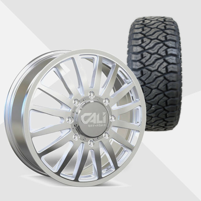 Cali Offroad Summit Dually Polished with Milled Spokes 20x8.25 Wheels & Venom Power Tires Terra Hunter R/T Plus 265/60R20 Tires - 20" Dually Package