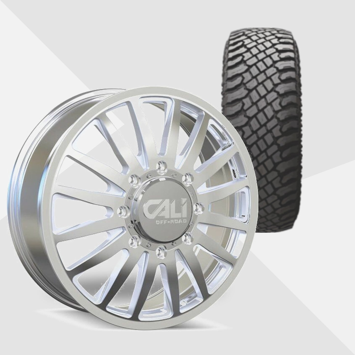 Cali Offroad Summit Dually Polished with Milled Spokes 20x8.25 Wheels & Atturo Tires Trail Blade X/T 33x12.50R20 Tires - 20" Dually Package