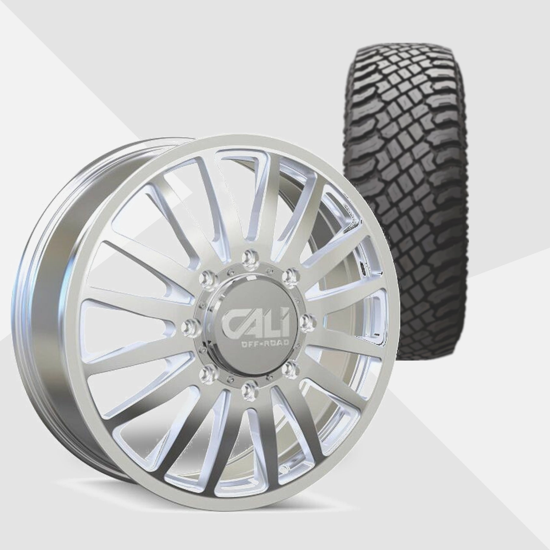 Cali Offroad Summit Dually Polished with Milled Spokes 20x8.25 Wheels & Atturo Tires Trail Blade X/T 33x12.50R20 Tires - 20" Dually Package