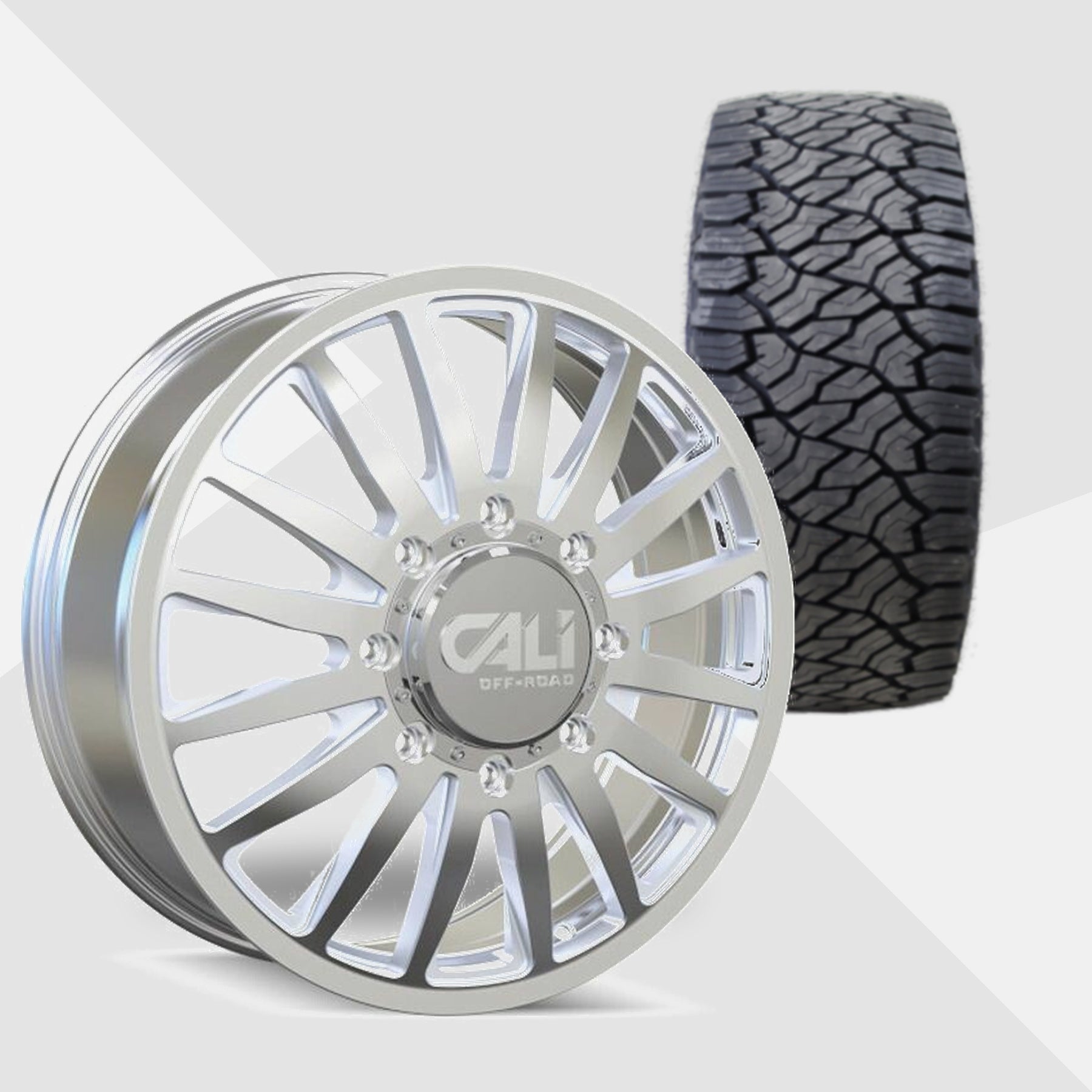 Cali Offroad Summit Dually Polished with Milled Spokes 20x8.25 Wheels & Venom Power Tires Trail Hunter ATS 285/55R20 Tires - 20" Dually Package