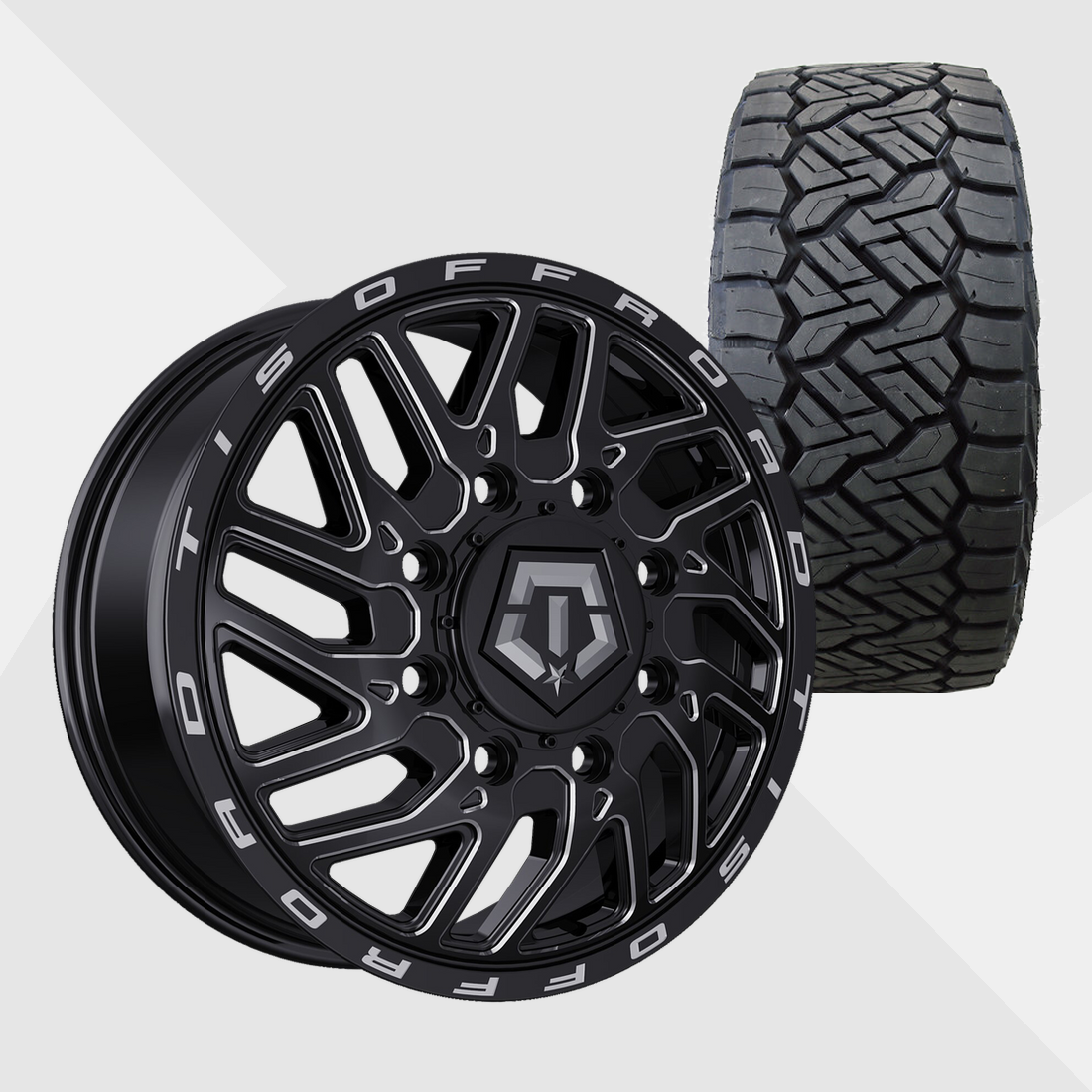 TIS 544BM Gloss Black Milled 22x8.25 8x200 with Nitto Tires Recon Grappler A/T 35x12.50R22 Dually Package