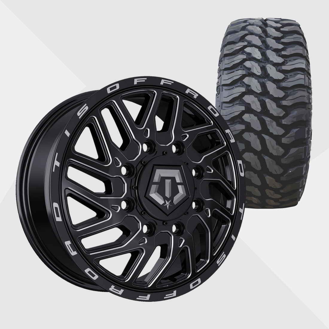 TIS 544BM Gloss Black Milled 20x8.25 8x200 with TIS Tires TIS Offroad TT1 M/T 275/55R20 Dually Package