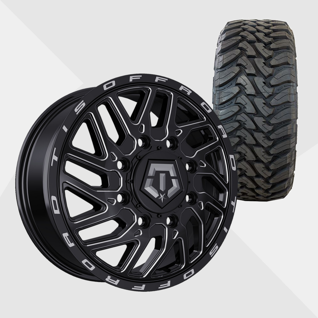 TIS 544BM Gloss Black Milled 22x8.25 8x200 with Toyo Tires Open Country M/T 33x12.50R22 Dually Package