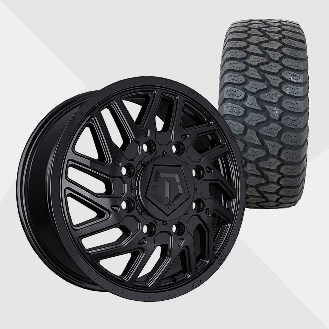 TIS 544B Gloss Black 22x8.25 8x165.1 (8x6.5) with AMP Tires Terrain Attack A/T 33x12.50R22 Dually Package