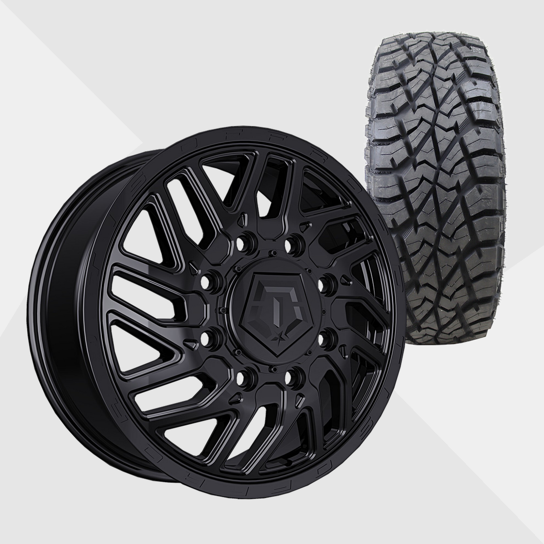 TIS 544B Gloss Black 22x8.25 8x210 with AMP Tires Terrain Attack R/T 33x12.50R22 Dually Package