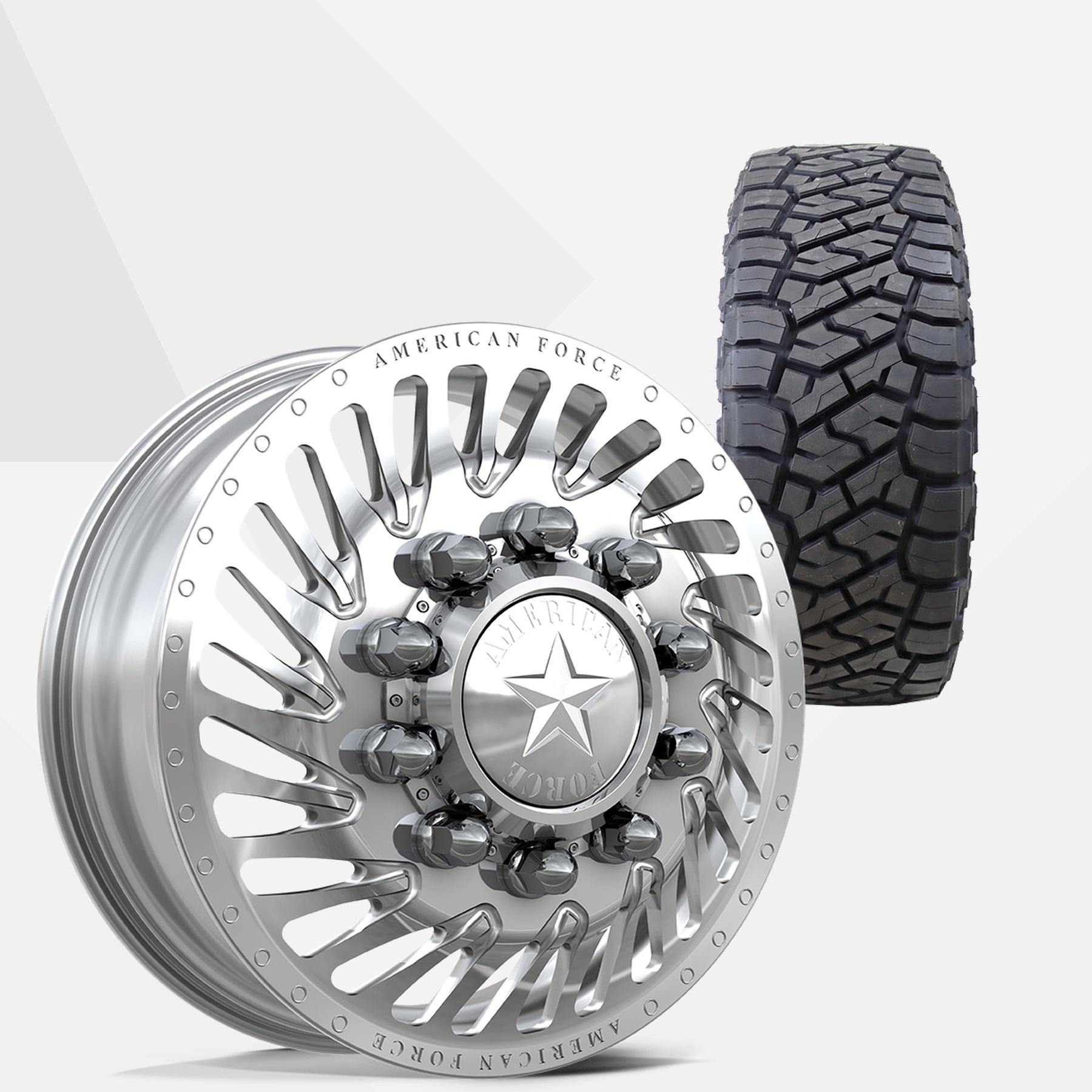 American Force Thriller Polished 24x8.25 Wheels & Toyo Tires Open Country R/T Trail 38x13.50R24 Tires - 24" Dually Package